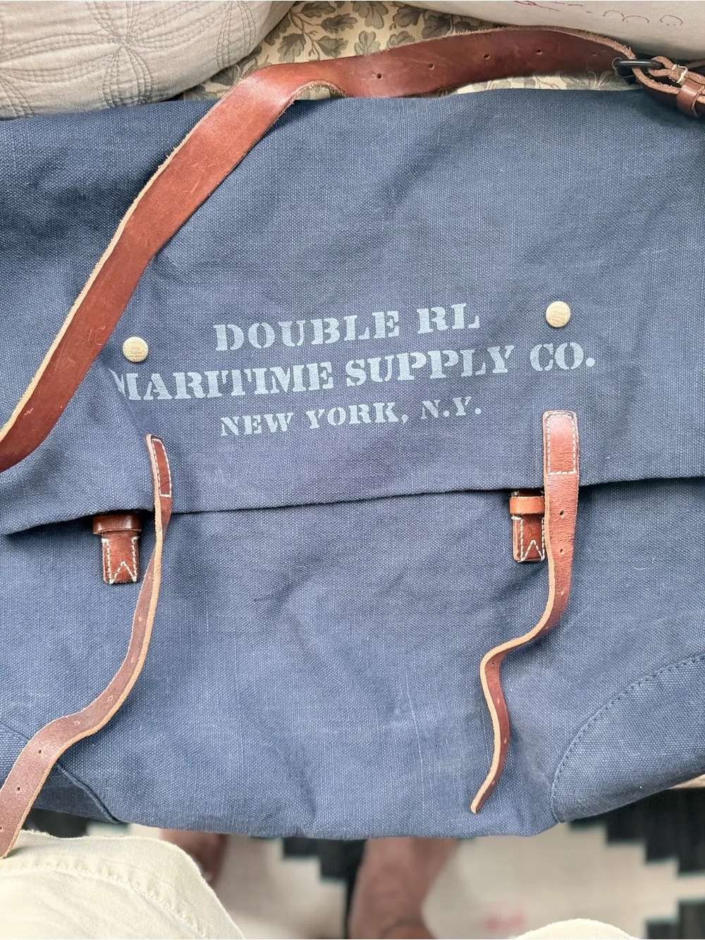 Ralph Lauren Double RL Navy Canvas Messenger Bag with Brown Leather Straps